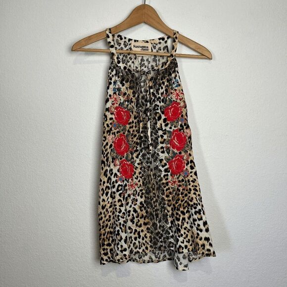 Savanna Jane Leopard Animal Floral Embroidered Tunic Tank Top Women's Size Small - Picture 2 of 6